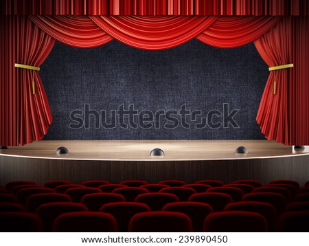 Movie theater with open curtains.
