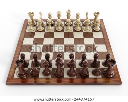Chess board with wooden chess pieces isolated on white background