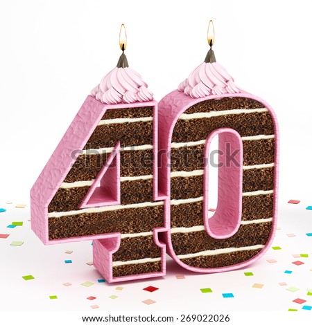 Number 40 shaped chocolate birthday cake with lit candle isolated on white background.