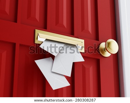 Letter sliding through brass mail slot on a brown door