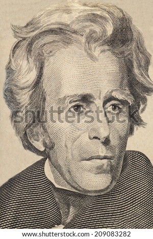 Portrait of former U.S. president  Andrew Jackson in front of the twenty dollar banknote