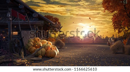 Fall in backyard with leaves falling from trees and pumpkins, autumn background 3D Rendering, 3D Illustration