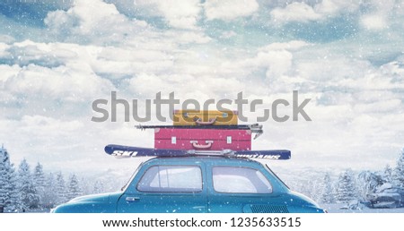 Winter car with luggage on the roof ready for summer vacation 3D 4Rendering, 3D illustration