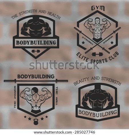 Emblems sports, bodybuilding, posing with athletes.