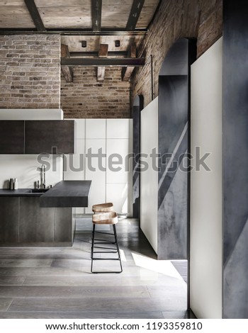 Stylish kitchen in a loft style with brick walls, wooden ceiling and a parquet on the floor. There are metal lockers, dark tabletops with a sink, two bar chairs, white lockers, windows. Vertical.