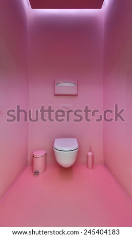 Public toilet in a modern loft style. Minimalism, toilet, brush, trash. The walls are painted in bright pink color.