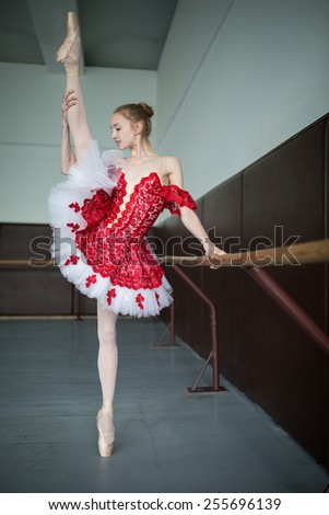 Young ballerina standing on one leg on your toes in pointe and doing stretching, lifting the leg up high. Model holds hands behind the barre.