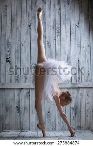 Graceful ballerina in tutu lifted her leg up high, standing on one toe.