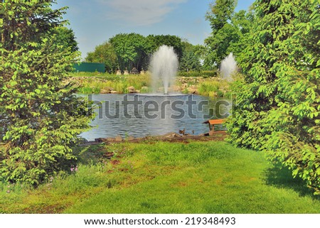 Fountains on the lake in a landscape park