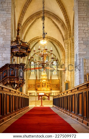 VISBY, SWEDEN - OCTOBER 18: The interior of Visby Cathedral in Gotland, Sweden, The Cathedral was opened on July 27, 1225 and is still used to this day; on October 18, 2014.