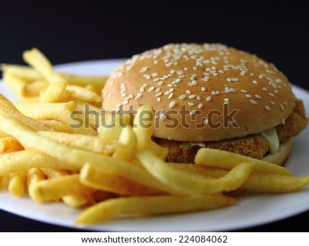 delicious chicken burger brown bread with golden colour fried chips on white plate