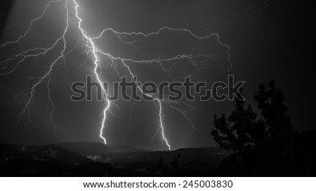 lightning mountains in black and white