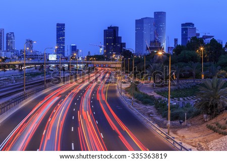 Night view of the fast lane of Tel-Aviv with cars light