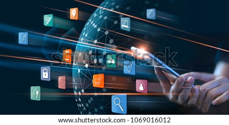 Businessman using mobile payments online shopping and icon customer network connection on virtual screen, m-banking and omni channel