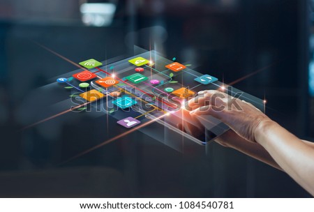 Hands using mobile payments, Digital marketing. Banking network. Online shopping and icon customer networking connection on virtual screen, Business technology concept
