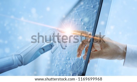 Hands of robot and human touching on global virtual network connection future interface. Artificial intelligence technology concept.