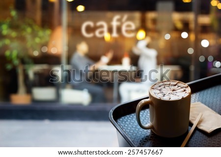 Abstract people in coffee shop and text cafe in front of mirror, soft and blur concept