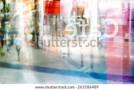 abstract colorful and pastel people walk at front coffee shop and text cafe flip in back of mirror, soft and blur concept