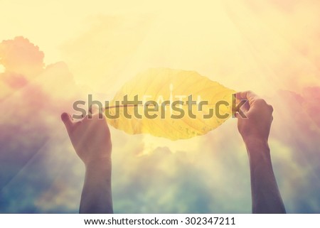 abstract, holding a yellow leaf in the colorful sky of faith, vintage color tone and soft focus