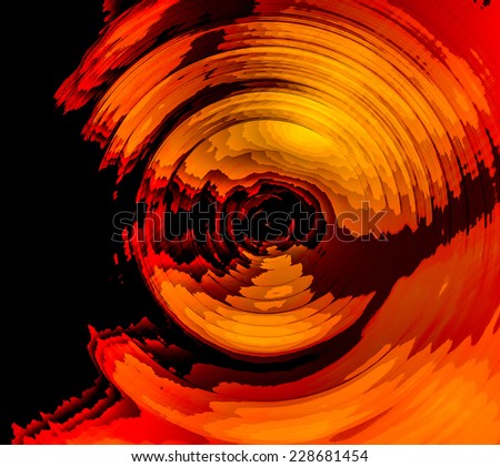 Abstract background of spin circle radial motion blur in yellow gold, orange, red, with layer painting effect