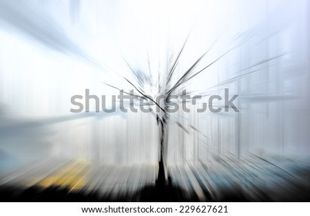 Abstract zoom motion blur background of the lone tree in light blue, black, white, and grey