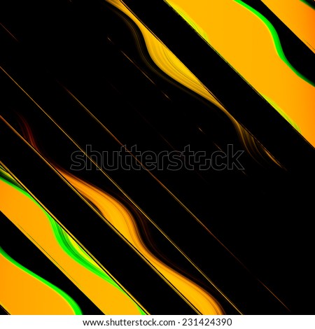 Abstract background  of diagonal stripe and wave or current in black, orange, yellow, and green with space for text insert