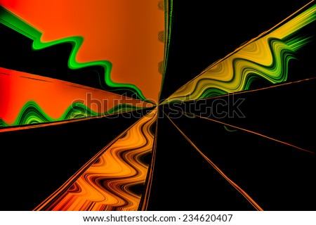 Abstract dark background  of triangle tile with wave or current in black,  yellow, orange, and red