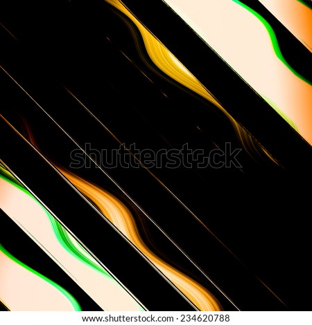 Abstract background  of diagonal stripe and wave or current in black, orange, yellow, green, and white with space for text insert