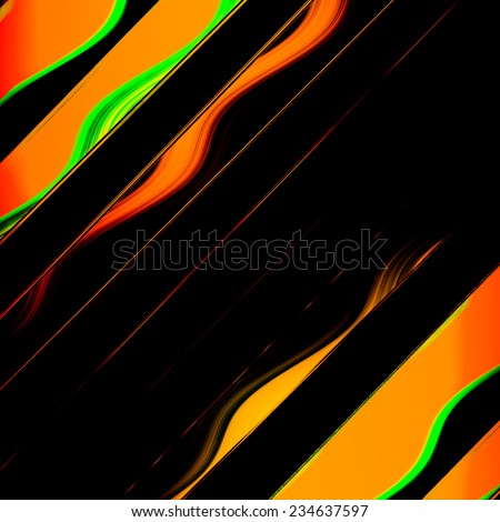 Abstract background  of diagonal stripe and wave or current in black, red, orange, yellow, and green with space for text insert