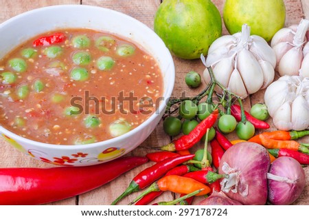 Thai Cuisine  - Shrimp paste - thai hot and spicy sauce with herb and vegetables - namprik - thai chili sauce with shrimp and herb