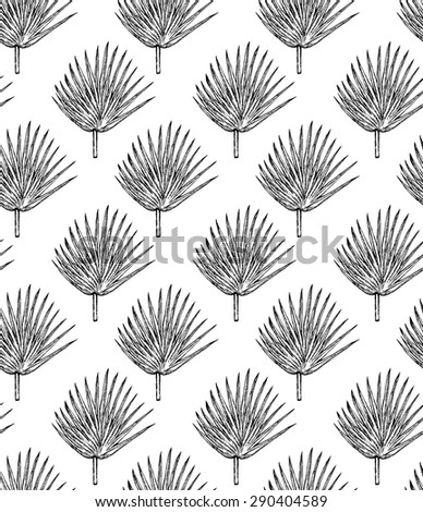 Seamless pattern with hand drawn palm leaves. Monochrome palm leaves on white background.  Abstract floral background. Pen drawing.