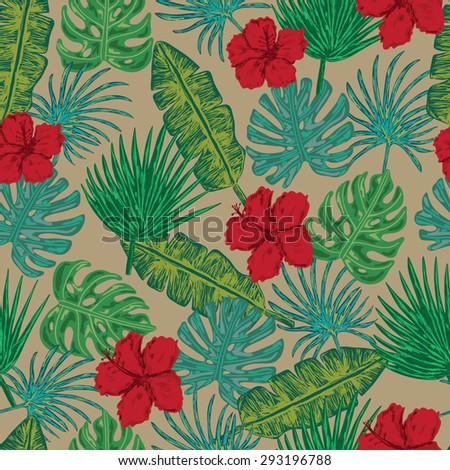 Seamless colorful tropical pattern. Tropical flowers and leaves.