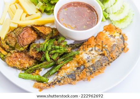 fried mackerel with shrimp paste sauce , nam phik krapi Thai food on white background