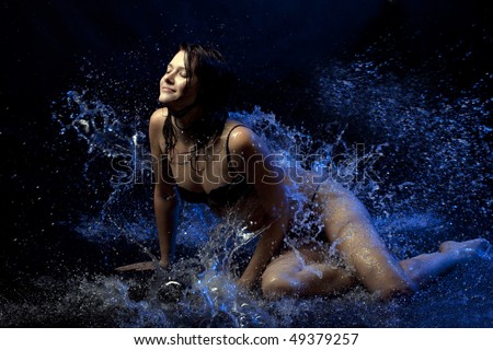 Images of a beautiful girl in the water and spray