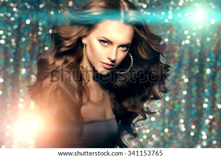 Woman club lights party background Dancing girl Long hair. Waves