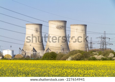 Three electricity power station towers viewed across a field of rapeseed flowers