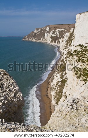 Steep chalk cliffs of the Dorset Coast, England, viewed from Bats Head