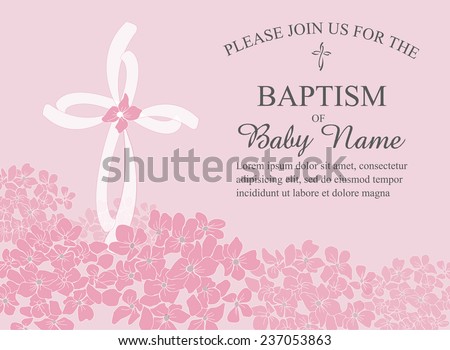 Girls Christening/Baptism/First Communion/Confirmation Invitation with Cross and Hydrangea Flowers - Vector