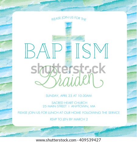 Baptism, Christening Invitation Card - Invite Template - Boy - Watercolor Cross