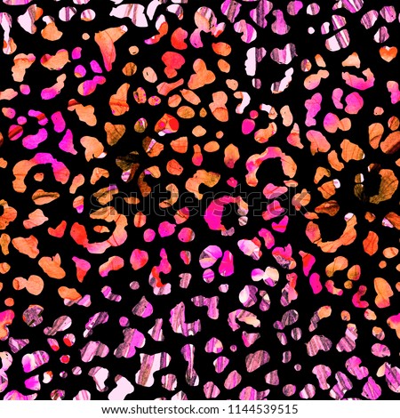 Leopard seamless watercolor pattern. Black pink exotic seamless pattern.  Tribal repeated cat print.  Minimal hand drawn summer cheetah background. Animal skin tropical ink rapport.