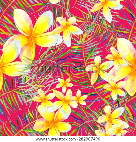 Watercolor seamless pattern with palms and hibiscus flowers. Allover pattern with tropical leaves and flowers.