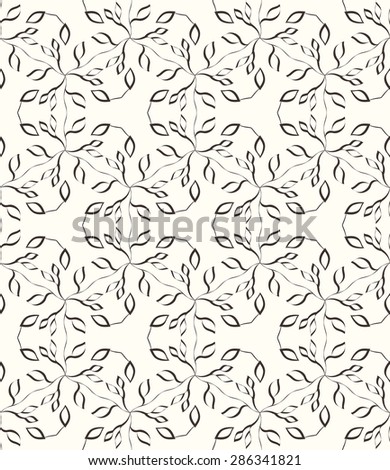 Seamless geometric pattern with monochrome small flowers and leaves.  Artistic background with hipster elements.