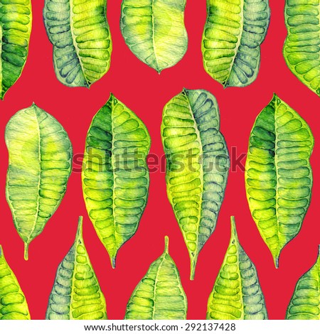 Watercolor seamless pattern with exotic leaves. Allover print with banana, palm leaves. Modern bohemian background.