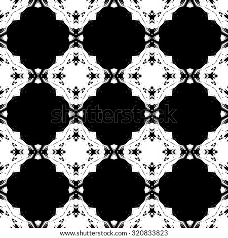 Seamless geometric pattern with monochrome ornament. Geometric symmetric allover hipster print. Black and white repeatable print.