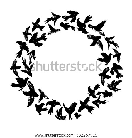 Vector watercolor wreath from birds silhouettes. Flying ink birds in a circle shape. Ornament from crows, doves, swallows, sparrows, parrots. Wedding background.