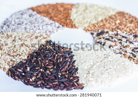 Food background with of rice variety . rice mixture. brown rice, black rice, white rice,red rice.