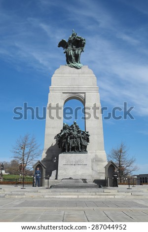 CANADA - MAY 2: The National War Memorial is a tall granite cenotaph with bronze sculptures, that stands in Confederation Square in Ottawa on May 2, 2015.