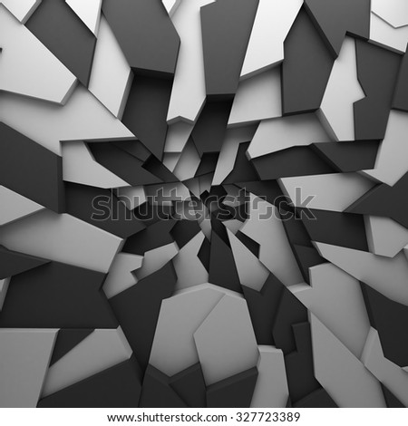 Geometric color abstract polygons wallpaper, as crack wall. Interior room, chasm