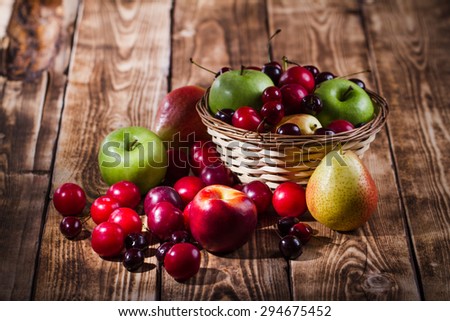 fruit in a basket on a wooden background