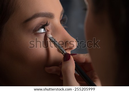 Professional Make-up artist applying make up on a glamour model.